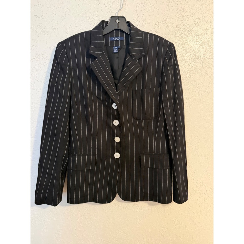 Chaps Womens Black Pinstripe Linen Cotton 4-Button Blazer Jacket Size 12